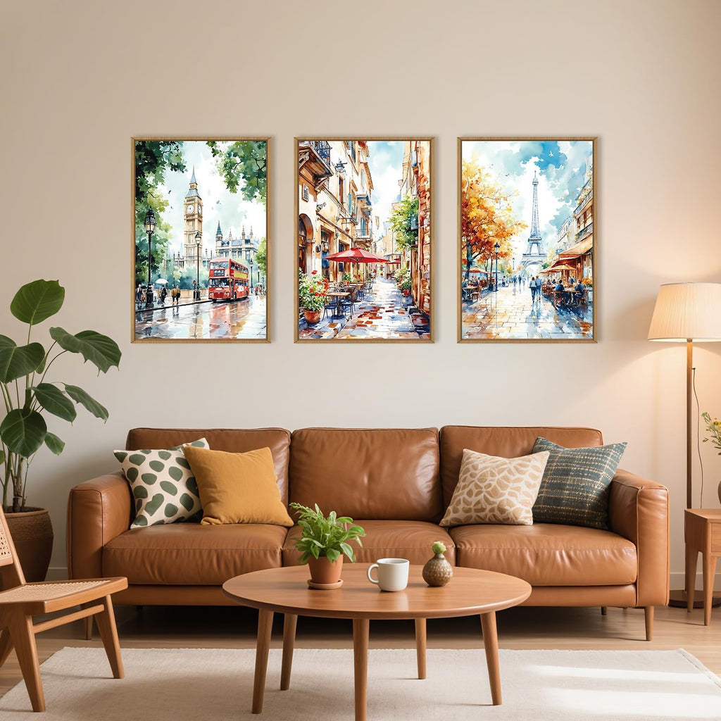 Watercolor European Cityscape Framed Canvas Wall Art Set,London Big Ben & Paris Eiffel Tower Street Scenery Wall