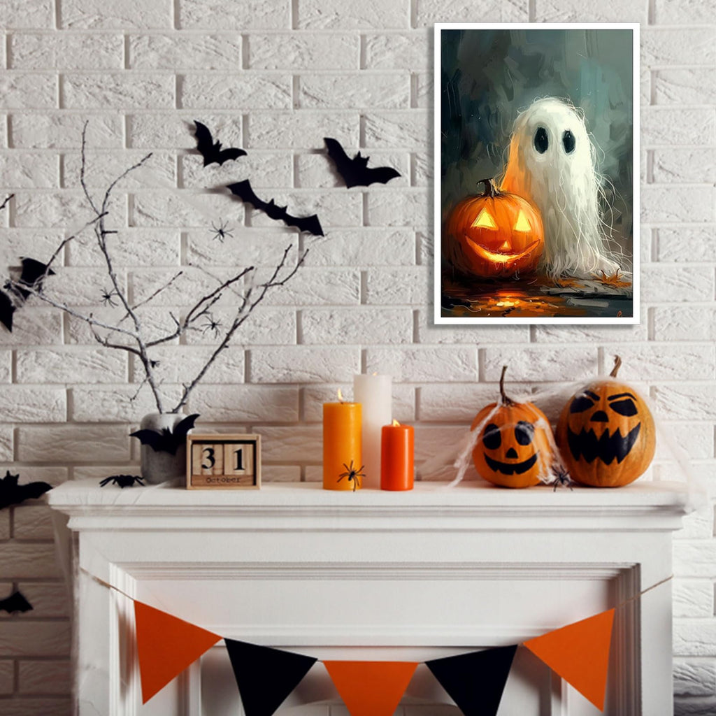 Retro Wild Spooky Ghost With Pumpkin Lantern Posters Cute Horror Scary Wall Art Eerie Forest Horror Ghost Plant