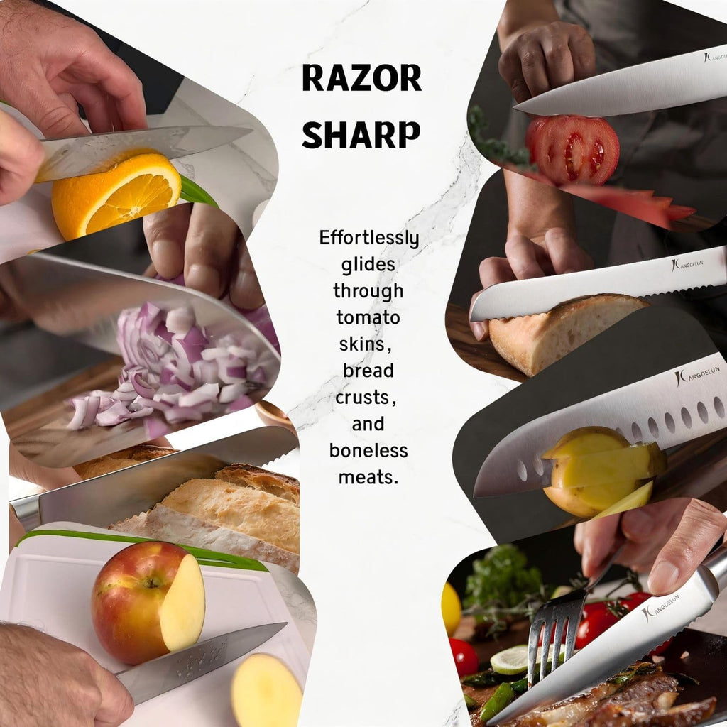 Ultra Sharp 14-Piece Kitchen Knife Set, High Carbon Stainless Steel Blades, Torrefied Natural Wood Handles, Ergonomic