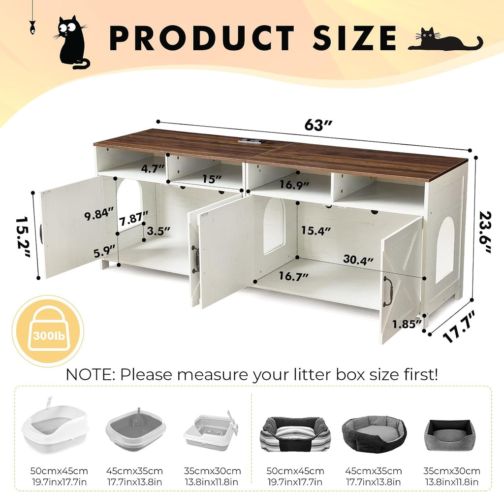 63" Double Cat Litter Box Enclosure for 2 Cats, Hidden Wooden Litter Box Furniture with Power Outlet