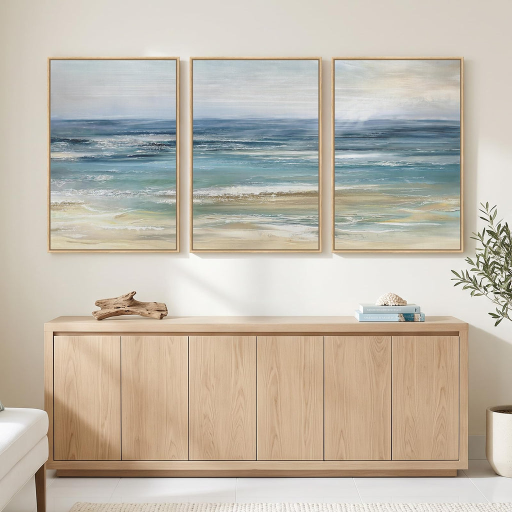 Large Framed Blue Coastal Landscape Wall Art, 3 Piece 24x36