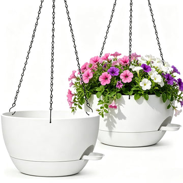 12" Self Watering Hanging Planters with Chains, White, 2 Pack