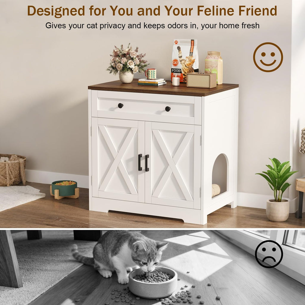 Cat Litter Box Enclosure with Storage Drawers, White