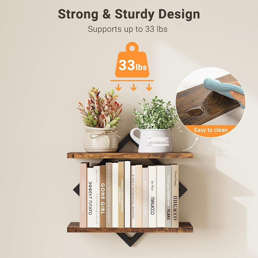 Floating Shelves for Wall, Set of 3 Hanging Shelves, Rustic Brown | 2-Tier Wall Mounted Storage Shelves for Decor
