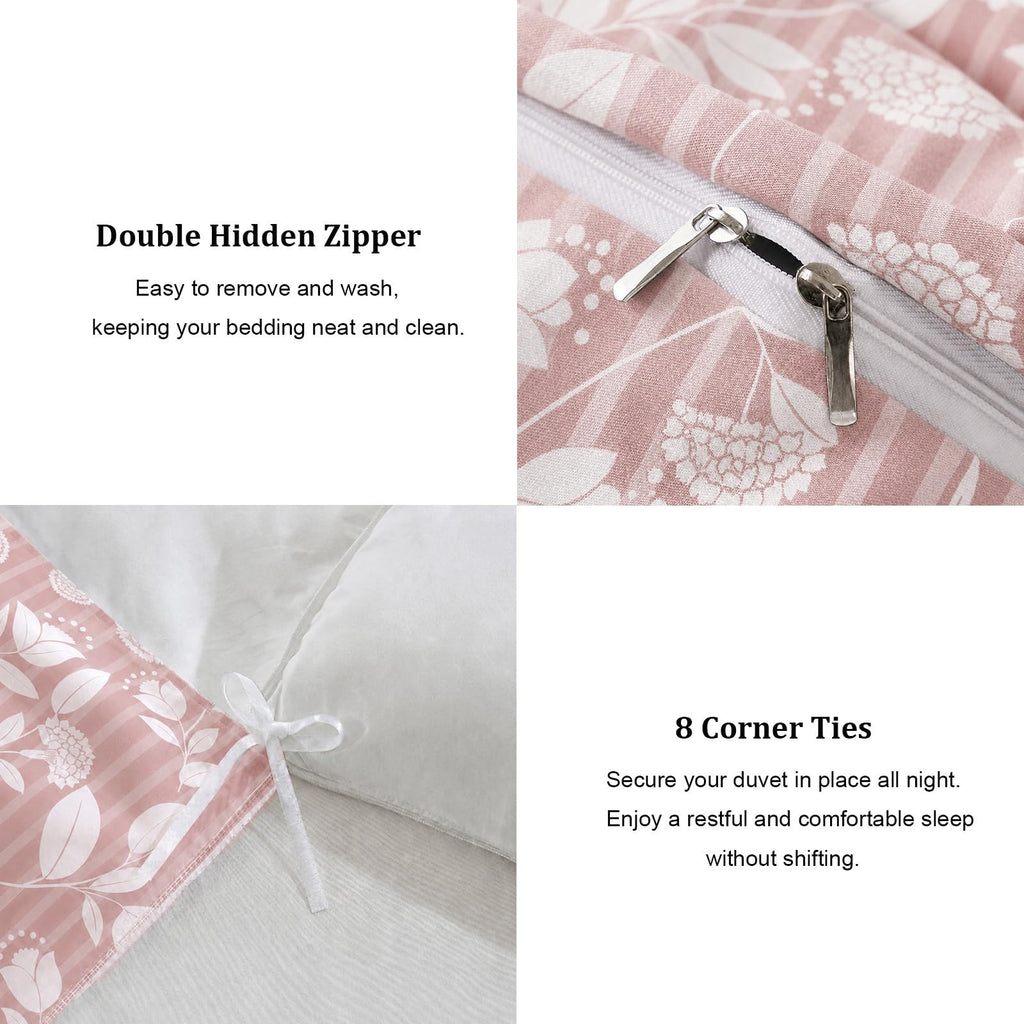 Pink Floral Duvet Cover Set, Blush Pink Leaf Floral Stripe Duvet Cover Set, 3 Piece 100% Cotton Soft
