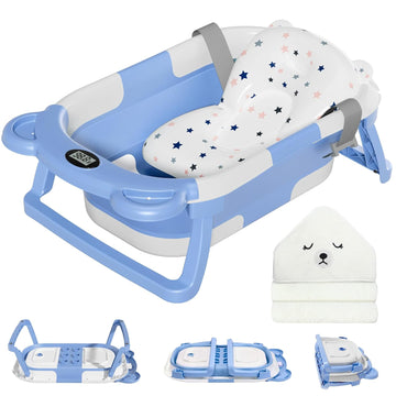 Collapsible Baby Bathtub for Newborn with Thermometer & 1 Hooded Towel & 1 Soft Floating Cushion,Portable Travel