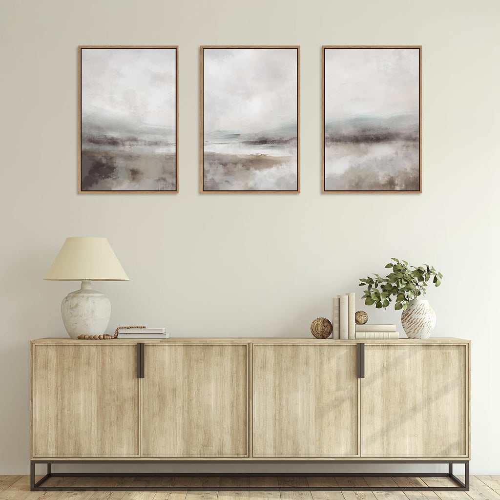 Large Abstract Neutral 3 Piece Wall Art Framed, Gray Lake Landscape Canvas Decor , Watercolor Smoky Mountain