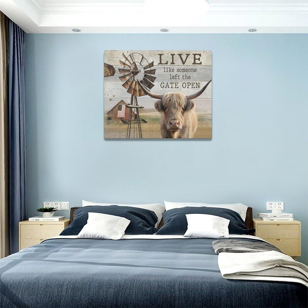 Highland Cow Canvas Prints - Wall Decor Farmhouse Rustic Windmill Painting Modern Artwork Bathroom Living Room 20"x16"