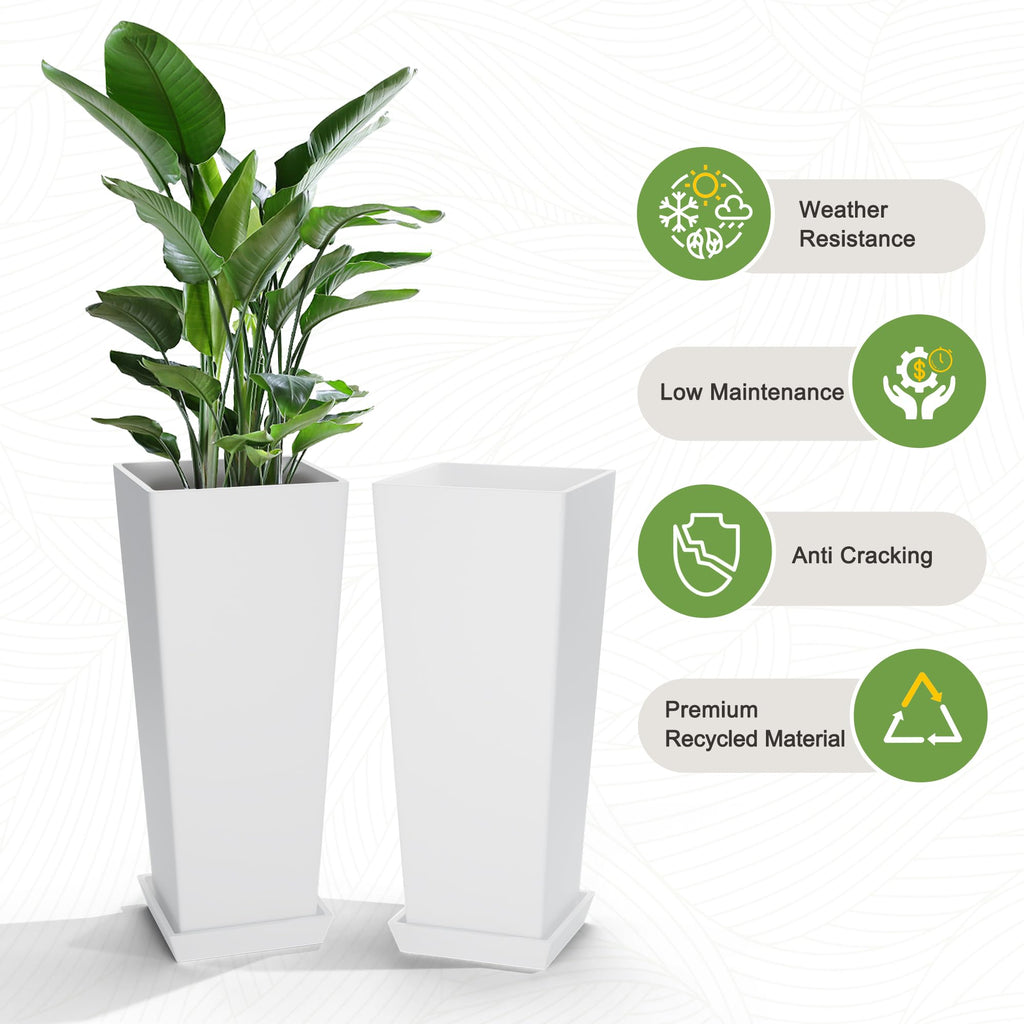 Set of 2 Tall Outdoor Planters 24 Inch, Large Planters for Indoor Outdoor Plants, Tapered Square Flower Pots with