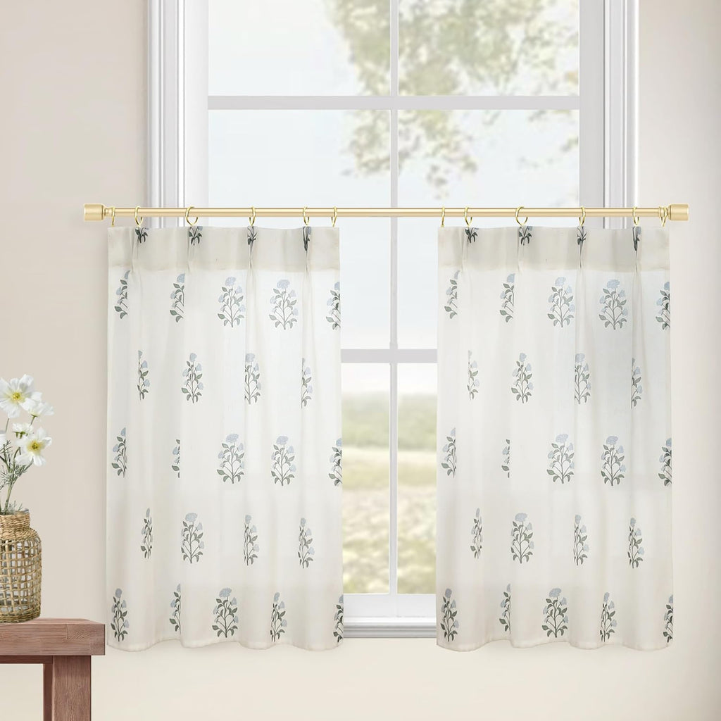 Cafe Curtains,Pinch Pleated Small Window Curtains Over Sink,Farmhouse Linen Sheer Blue and Green Floral Vintage Block