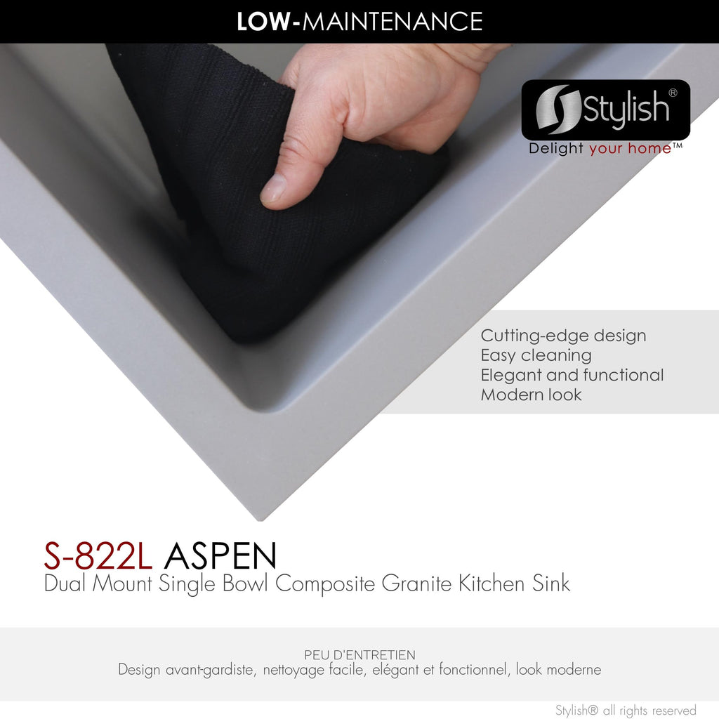 22 x 17.5 Composite Granite Kitchen Sink, Single Bowl Under Mount & Drop in, 8.25 in Deep, Rear-Center Drain, with