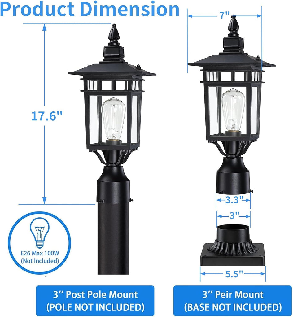 17.6'' Outdoor Post Light 2 Packs, Black Pole Lantern Lighting Fixture Hard Wired