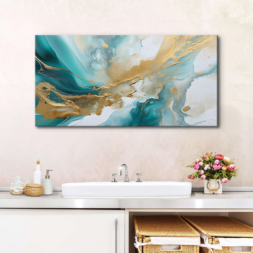 Abstract Teal Canvas Wall Art Marble Canvas Picture Turquoise Wall Decor Watercolor Teal and Gold Fluid Textured