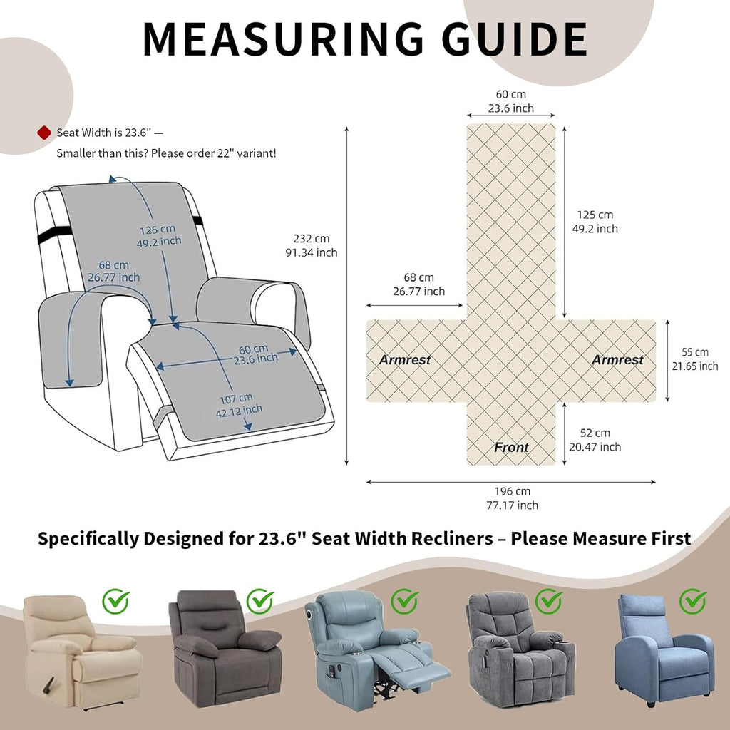 100% Waterproof Recliner Chair Covers 23.6", Non-Slip Recliner Cover for Chair with Pocket Washable Recliner Covers