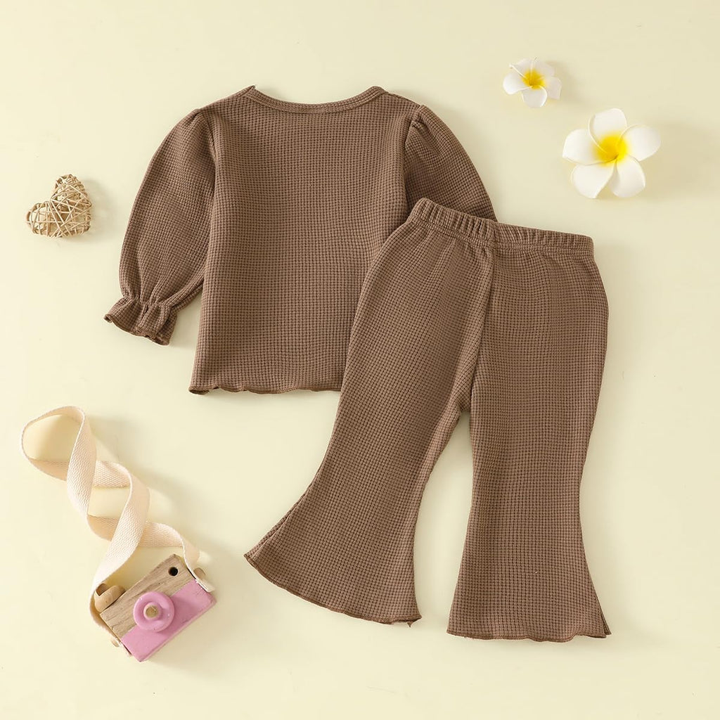 Toddler Girl Fall Outfits piece Baby Lantern Sleeve Shirt and Flared Pant Clothes Set Waffle Clothing for Girls