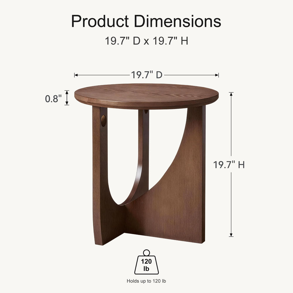 Round Side Table, 19.7" Solid Wood End Table, Mid Century Modern, Walnut