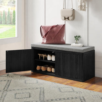 Shoe Bench with Cushion & Push-Open Doors, Double-Layered Storage, Black