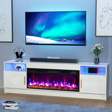 Electric with 36 inch Fireplace Up to 80" TVs-Led Entertainment Center with High Glossy Doors-70 inch TV Cabinet