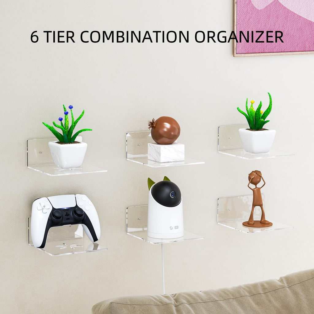 Acrylic Wall Shelves, Clear 6 inch Floating Shelves for Display, Echo, Cameras, Speaker, Router Wall Mounted Transparent