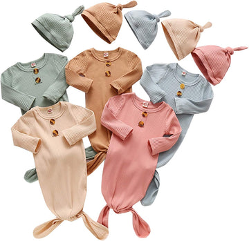 Knotted Sleeper Gown Unisex Boys Girls Sleepsuits with Mitten Cuffs and Matching Hat Baby Coming Home Outfit
