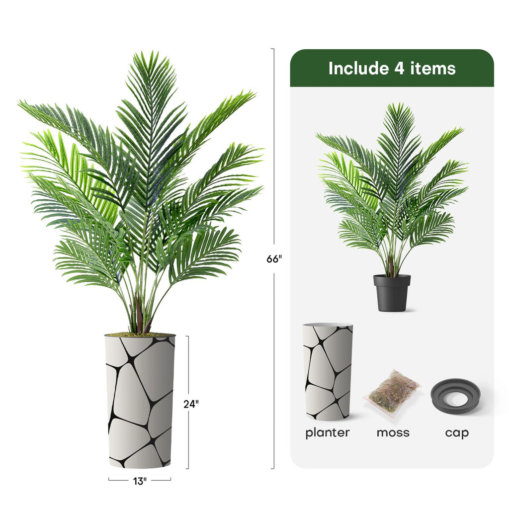 Artificial Tree in Geometric Pattern Planter, Fake Areca Tropical Palm Silk Tree for Indoor and Outdoor Home