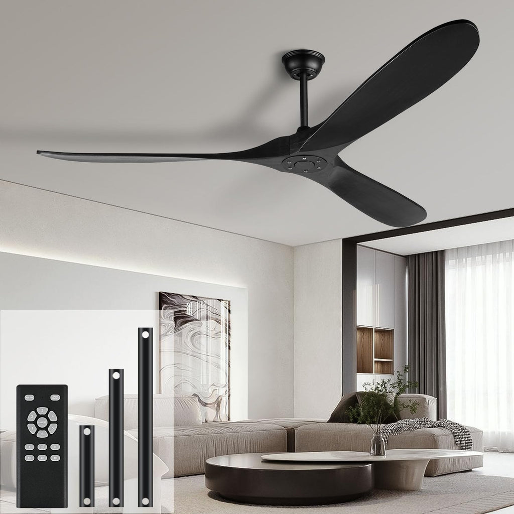 72 Inch Black Ceiling Fan No Light，Wood Indoor Outdoor Ceiling Fan Without Lights for Patios Living Room Gazebo