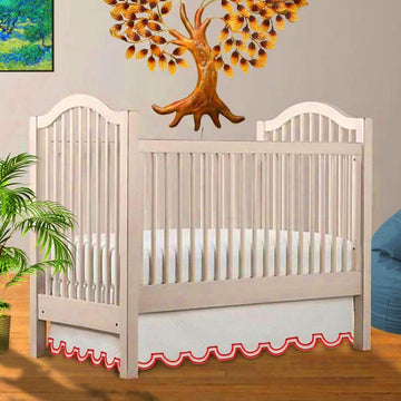 White 100% Cotton Sateen Tailored Crib Skirt 28"X52"+15" Drop U Shape Scalloped Embroidery with Split Corners ;