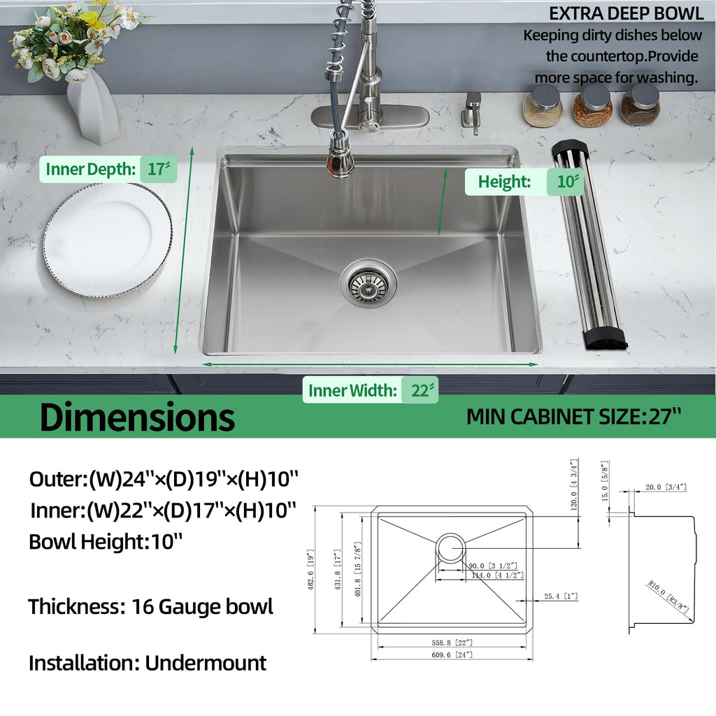 Undermount Kitchen Sink, 24 x 19 Inch Sink Kitchen 16 Gauge Stainless Steel Kitchen Sinks Single Bowl Workstation