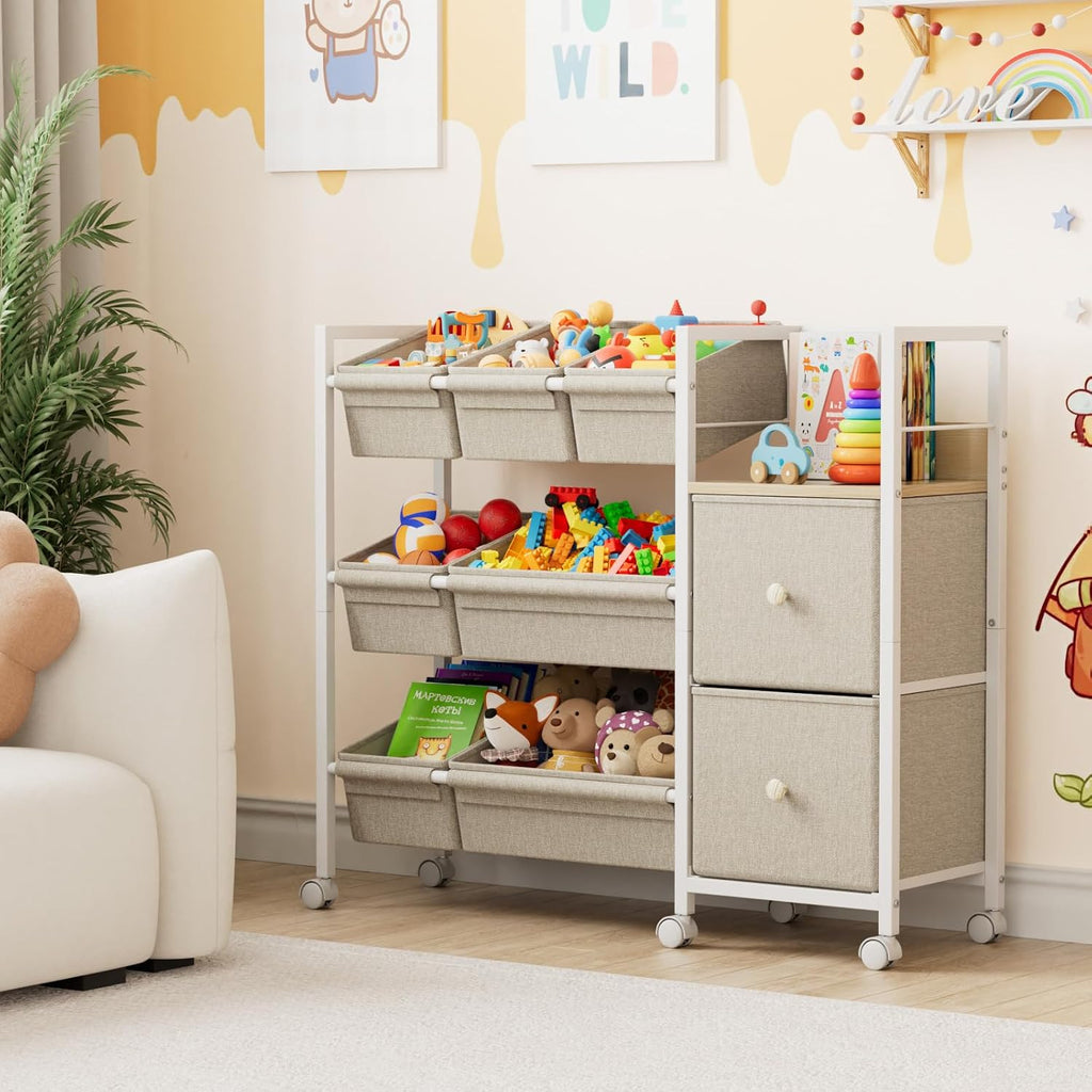 Kids Toy Organizers and Storage Bins, Off White | 7 Storage Bins + 2 Fabric Drawers + 1 Bookshelf, Playroom Storage