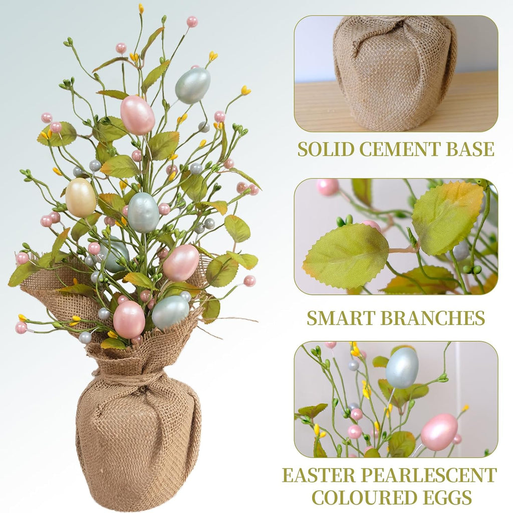 19" Easter Egg Tree Tabletop Decor - Handcrafted Pastel Centerpiece with Pearlized Eggs & Cement Base for Spring