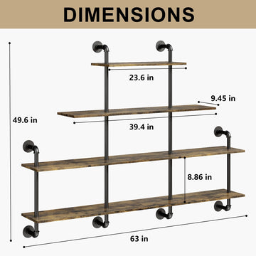 63" Industrial Pipe Shelving - 4 tier Rustic Solid Wood and Heavy Duty Metal Pipe Shelves for Wall, Kitchen Shelves