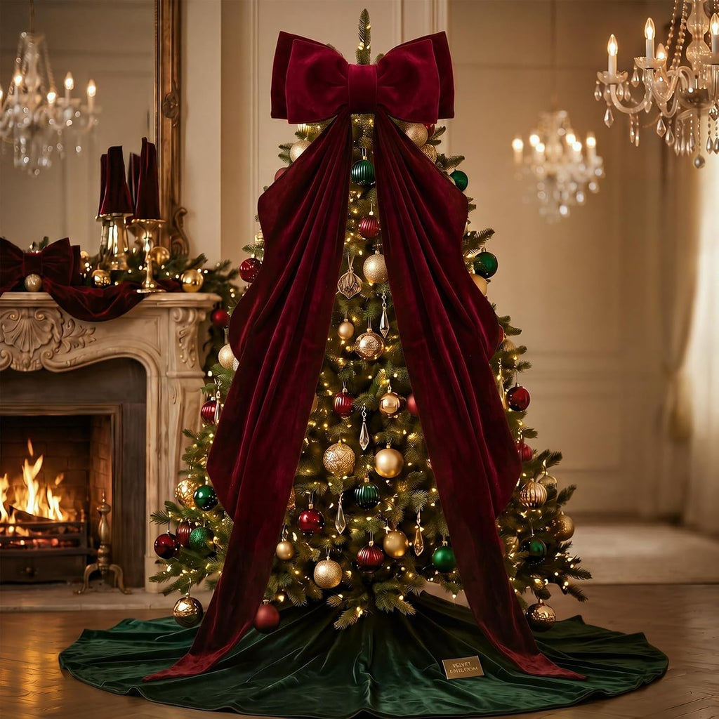 2 Pcs Large Velvet Christmas Bow Christmas Tree Topper Bow Decor