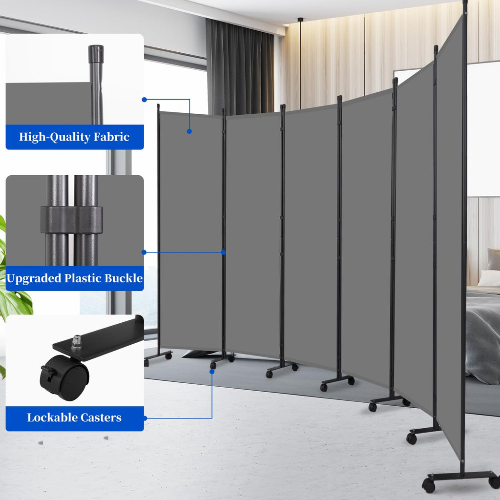 Room Divider 6FT 6 Panel Folding Room Partition with Lockable Wheels, Grey