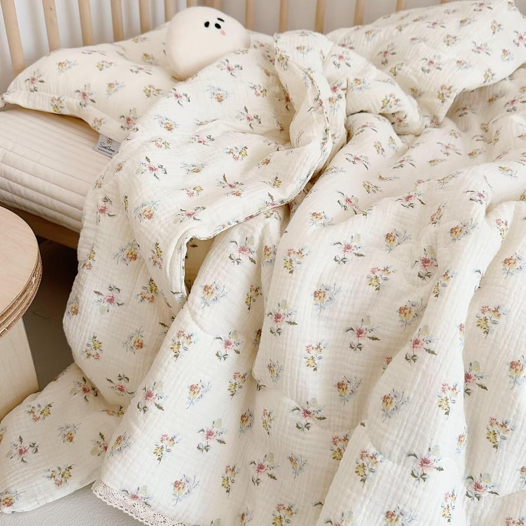Kids Blanket Cotton Toddler Quilt Muslin Blankets, Reversible Floral Baby Blanket for Girls Boys Crib Comforter Baby