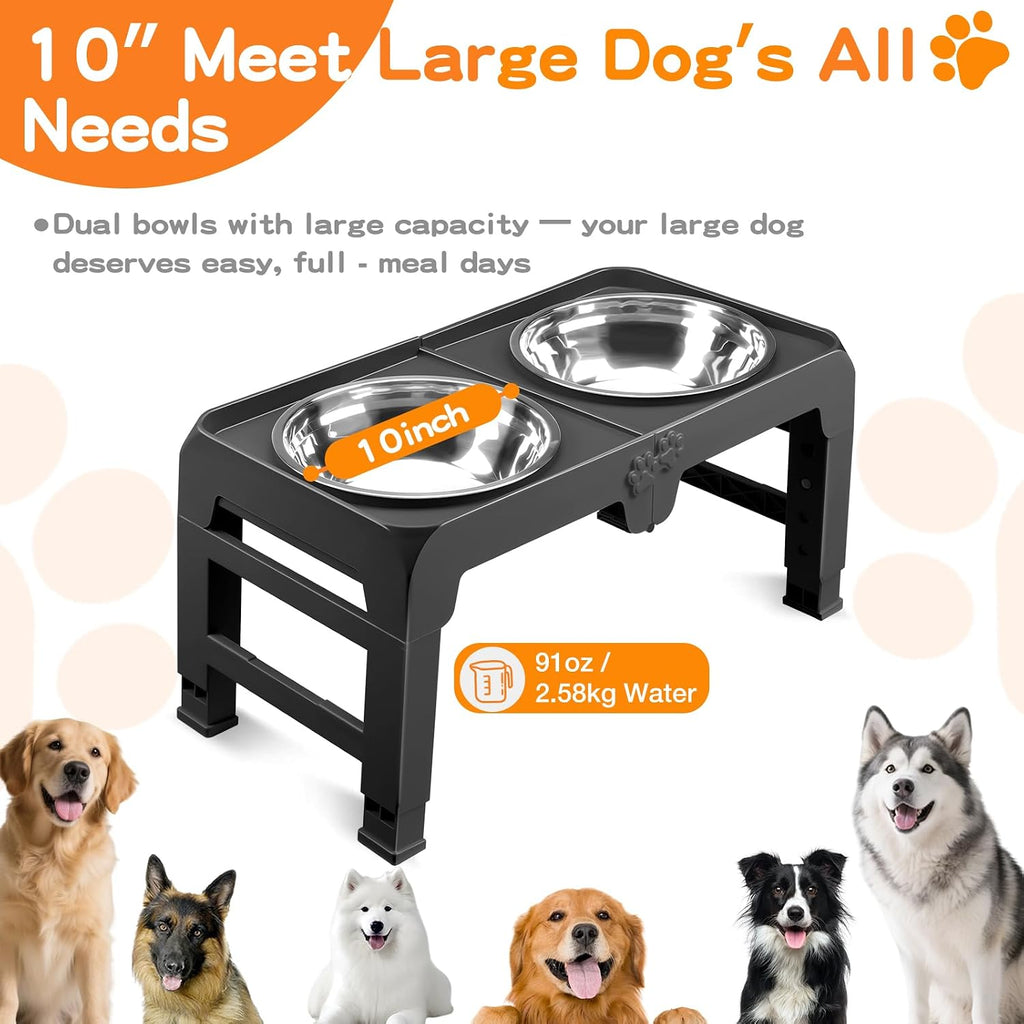 Elevated Dog Bowls for Large Dogs 5 Adjustable Heights 7.5"-15.4", 2 X-Large 10" Stainless Steel Bowls, Heavy Duty