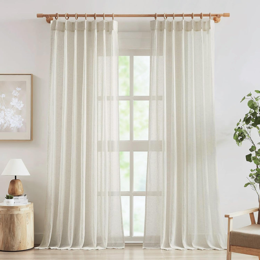Linen Sheer Pinch Pleated Curtains, Linen Flax Beige 96 Inches Long Sheer Curtain Panels, Natural Back Tab Window