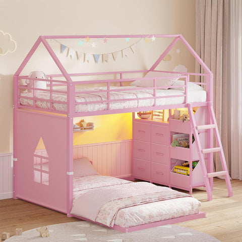 Bunk Bed Twin Over Twin with 6 Storage Drawers and 3 Open Bins, House Bunk Bed with LED Lights