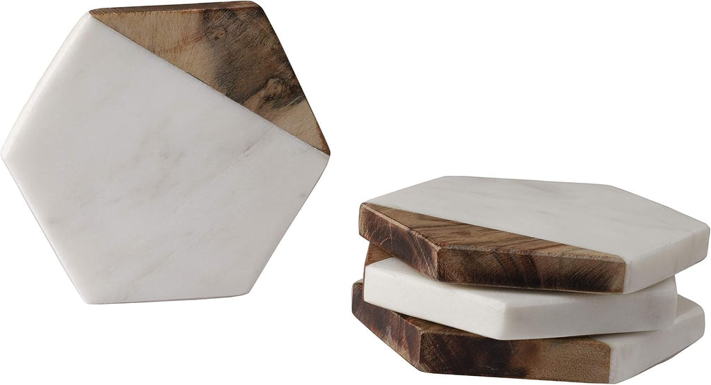 Marble & Mango Wood Coasters Handcrafted Geometric White Marble Coasters for Drinks, Wine Glasses - Set of 4