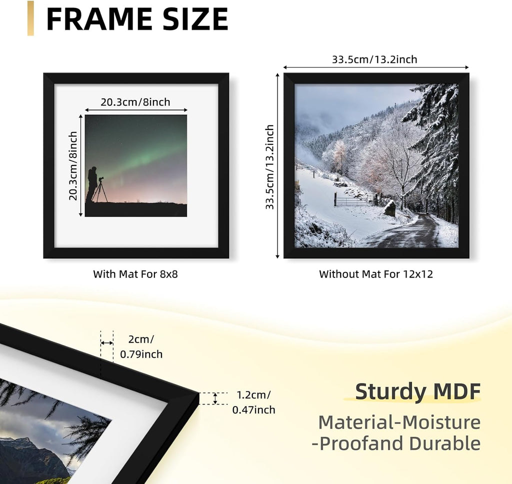 12x12 Picture Frame Set of 9, Photo Gallery Wall Frame Set, Display Pictures 8x8 with Mat or 12 x 12 Without Mat