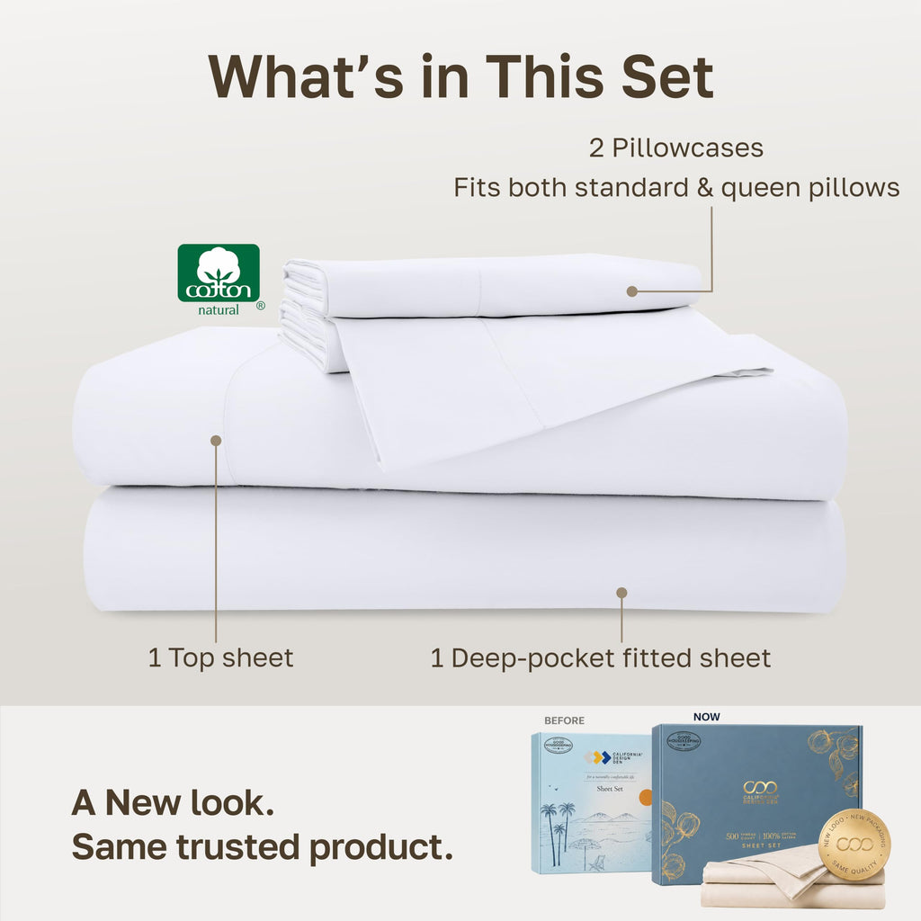 Softest 100% Cotton Sateen Sheets, 4 Pcs, White