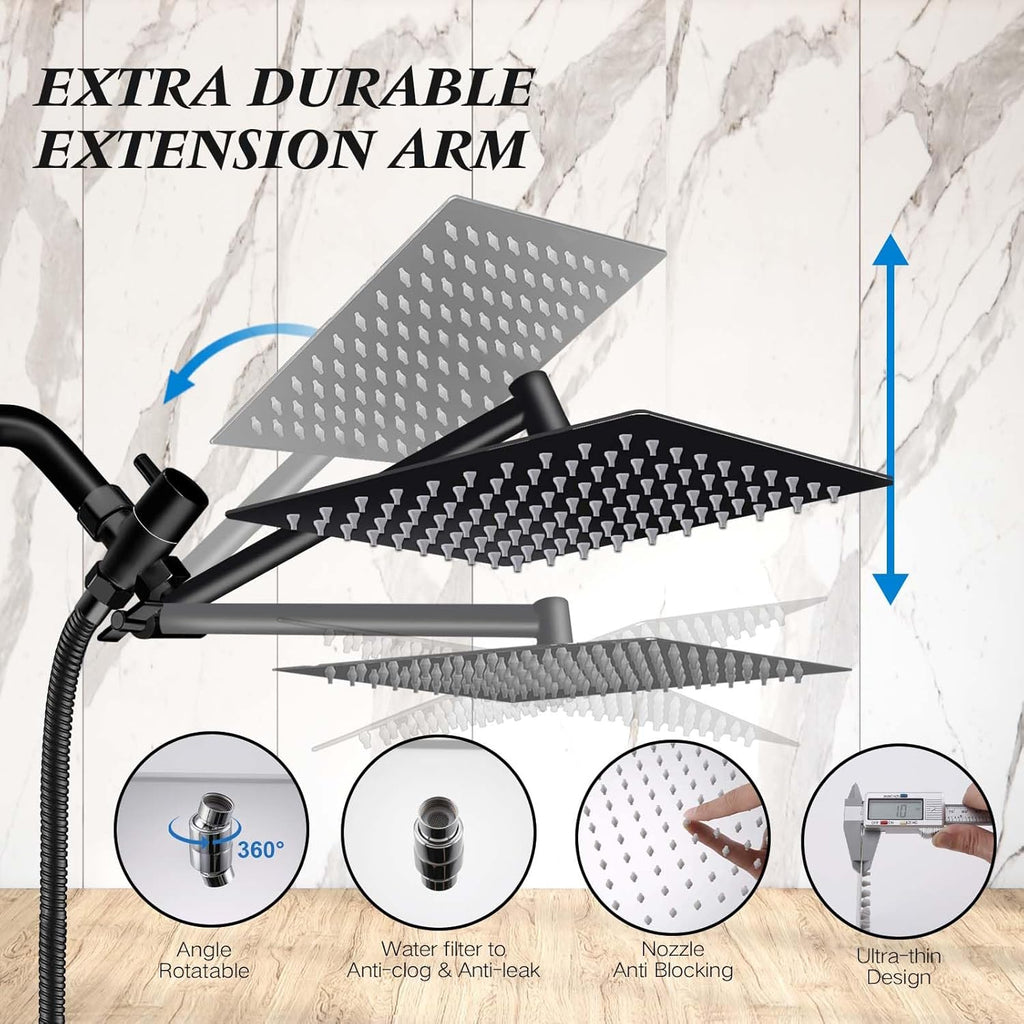 Shower Head, 8 inch Multifunction High Pressure Rain Shower Head with Handheld Spray Combo with 11'' Angle Adjustable