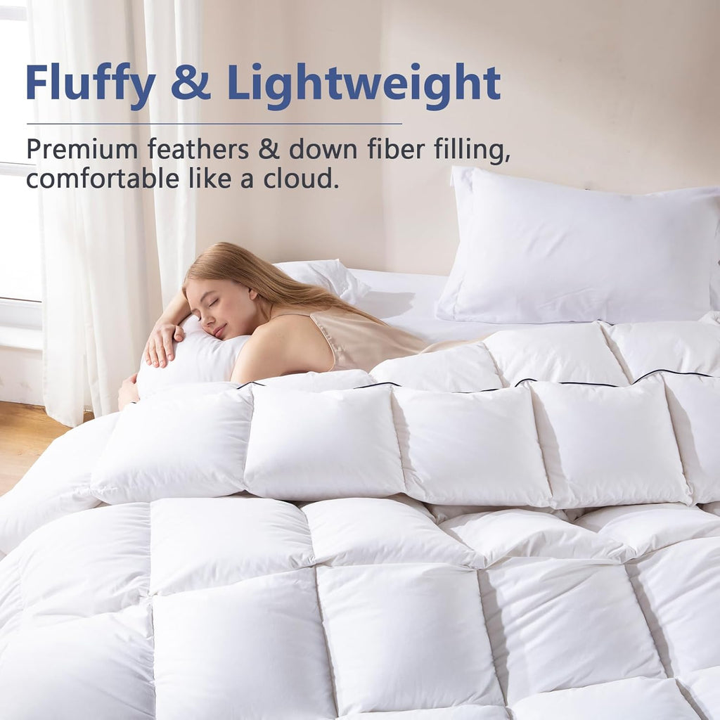 Feather Down Fiber Comforter King, 100% Cotton Ultra Soft Fluffy Duvet Insert King