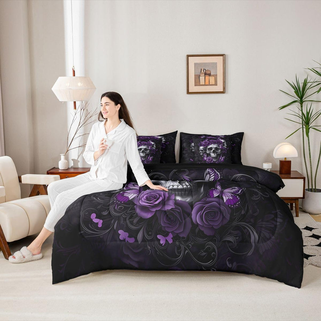 Gothic Skull Comforter Set with Sheets 7 Piece Twin Size Halloween Goth Bedding SetKids Vintage Victorian Romantic