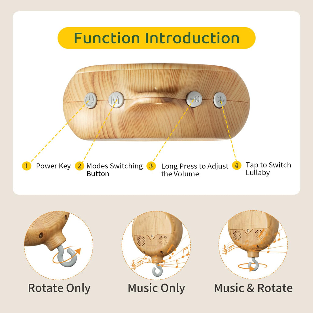 Woodland Animals Theme Bassinet Baby Nursery Mobiles with Modes Digital Music Box 3In1 Set-34 Inch Wooden Mobile Arm