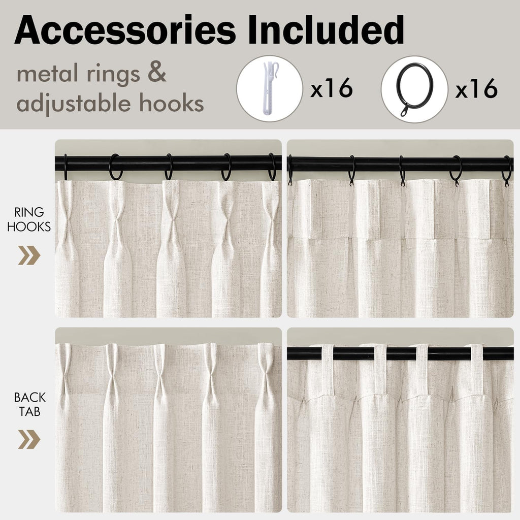 Pinch Pleated Thick Linen Curtains 90 Inches Long 2 Panels for Living Room Bedroom, Memory Trained Pinch Pleat Drapes