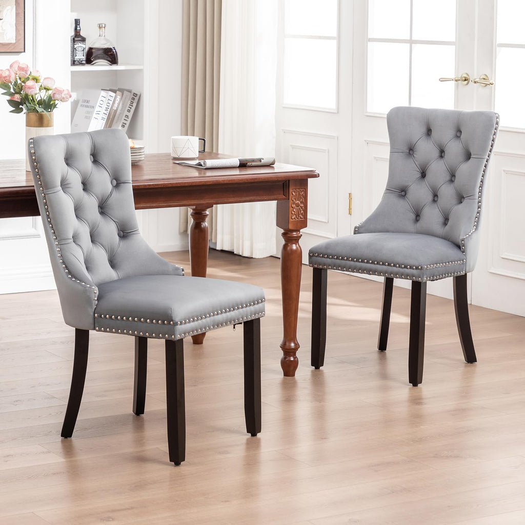 Velvet Dining Chairs Set of 2, Upholstered Dining Chairs with Ring Pull Trim and Button Back, Modern Seating (Grey)