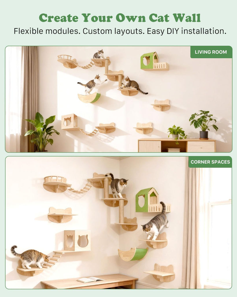 16 in 1 Solid Wood Cat Wall Shelves for Large Spaces & Multi-Cat Homes
