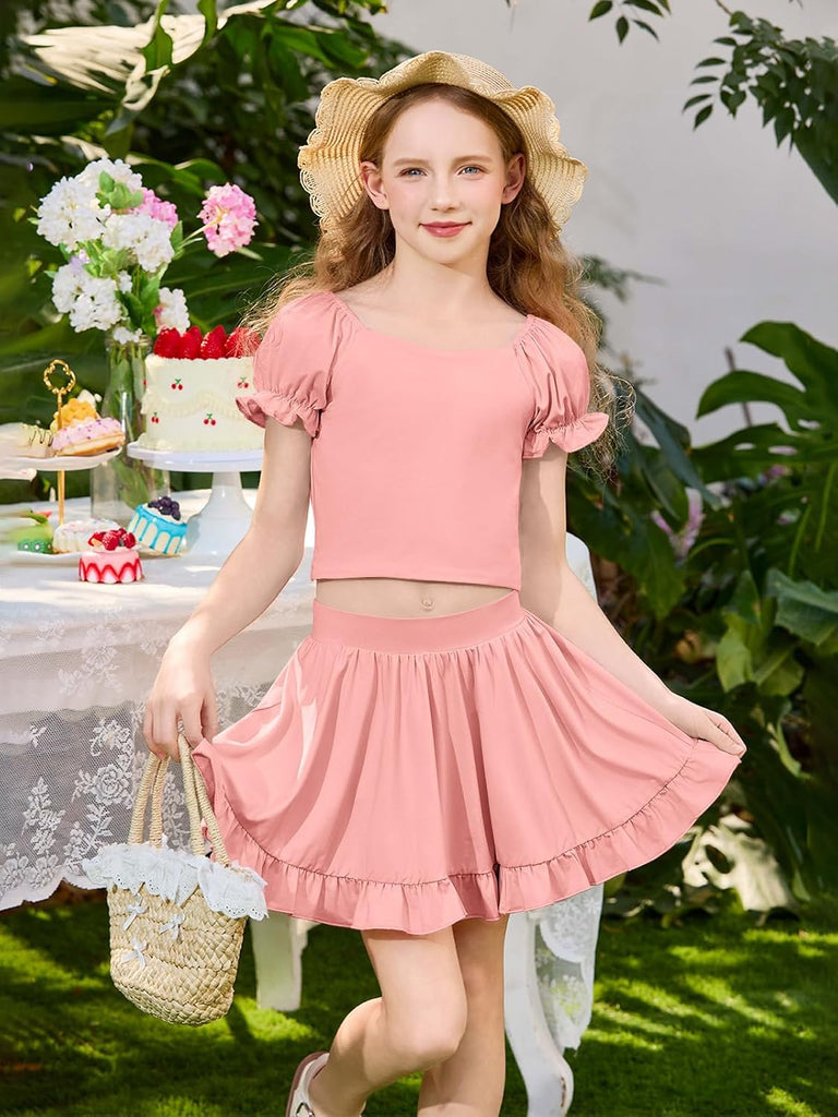 Girls Skirt Set Kids Puff Short Sleeve Crop Tops Rufffle Mini Skirt Shorts 2 Piece Summer Outfits Clothing Sets