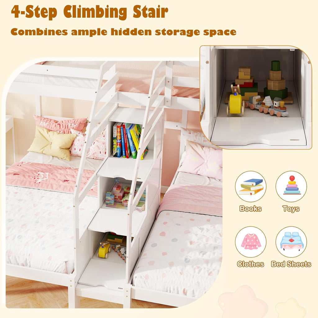 Triple Bunk Bed with Stairs, Twin Over Twin & Twin Bunk Bed Frame with Guardrail & Storage
