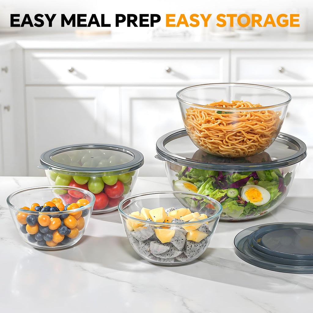 Glass Mixing Bowls with Lids Set of 5(4.78QT,2.2QT,1.7QT,1.1QT,0.85QT),Thick Glass Nesting Bowls Baking,Cooking
